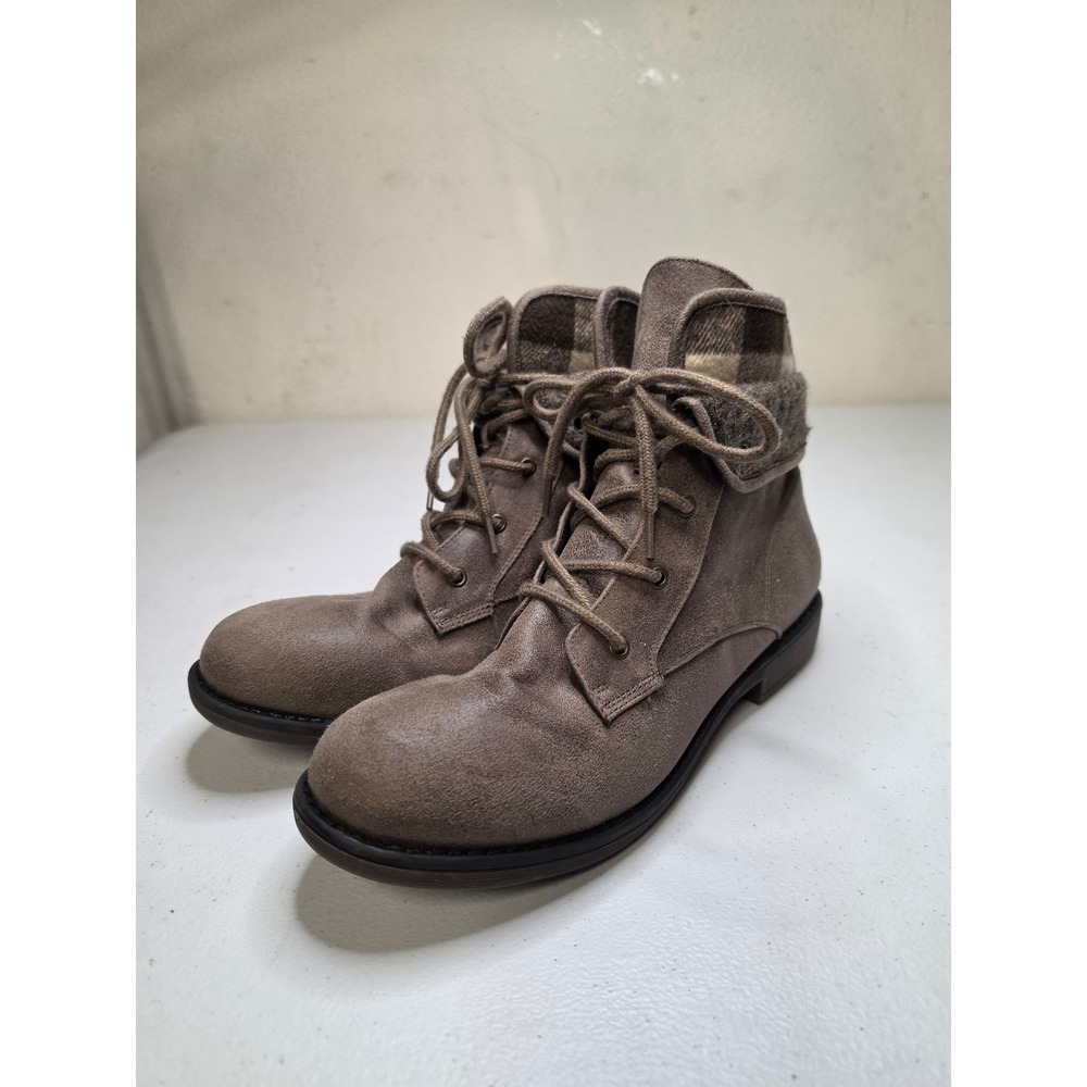 Cliffs by White Mountain Derby Taupe Brown Plaid Cuff Lace Up Ankle Boots 9M